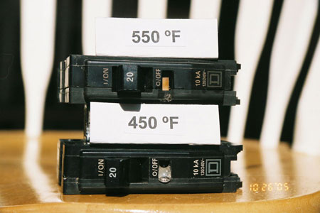 Thermal Oven Tests of Square D Circuit Breakers to Determine the Temperature 
							of a 20 amp Breaker Trips at - 550 degrees Fahrenheit