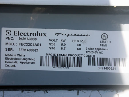 Frigidaire Cooktop Tag